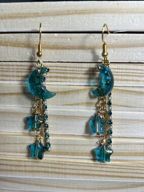 3/$25 Teal Moon & Star Dangle Earrings